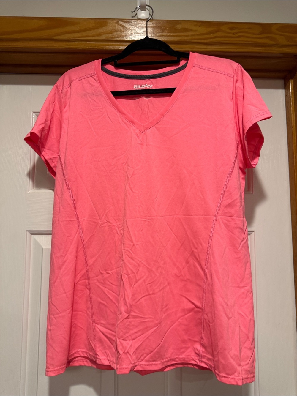 Gildan Women's Short Sleeve V-Neck Tee - Neon Coral Pink